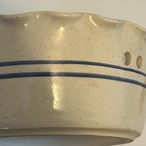 VTG Clay Pen Pottery Bread Warming Bowl Scalloped Double Blue Line Made in USA - Picture 2 of 6